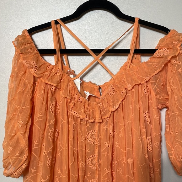 Anthropologie Floreat Tangerine Off Shoulder Semi Sheer Embroidered Blouse NWT - Picture 13 of 13